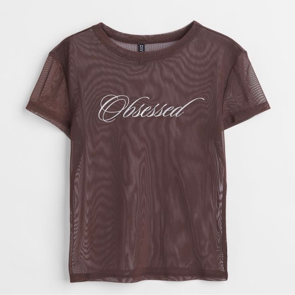 Short Dark Brown T-Shirt by H&M, Mesh, Motif, Women’s (US M) - Picture 3 of 9